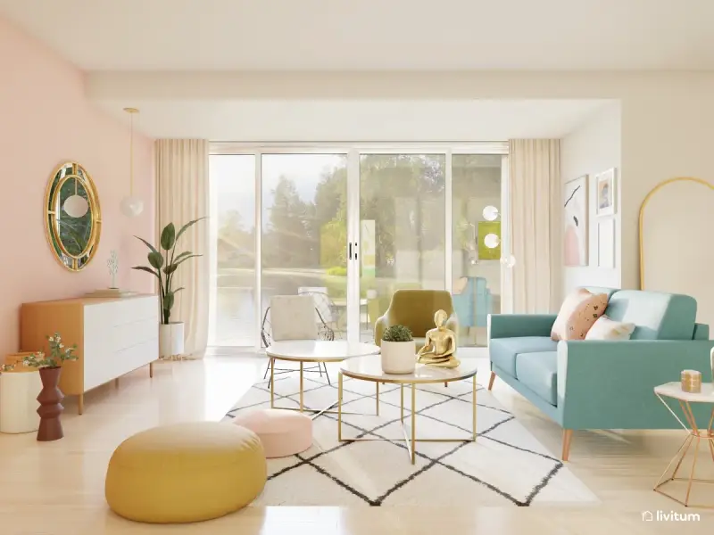 Un salón eclectico con sofá turquesa, mesa de centro dorada, pufs coloridos y un espejo ovalado.