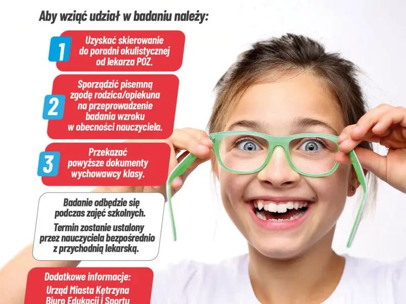Uśmiechnięta dziewczynka w okularach zachęca do przesiewowego badania wzroku. Dowiedz się, jak wziąć udział!