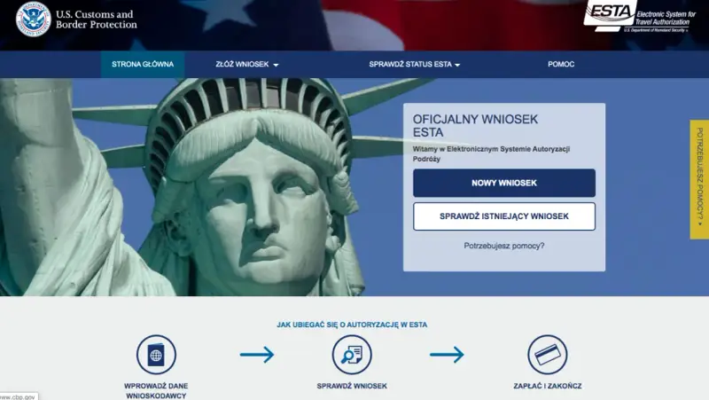 Oficjalna strona ESTA, umożliwiająca złożenie wniosku o autoryzację podróży do USA bez wiz.