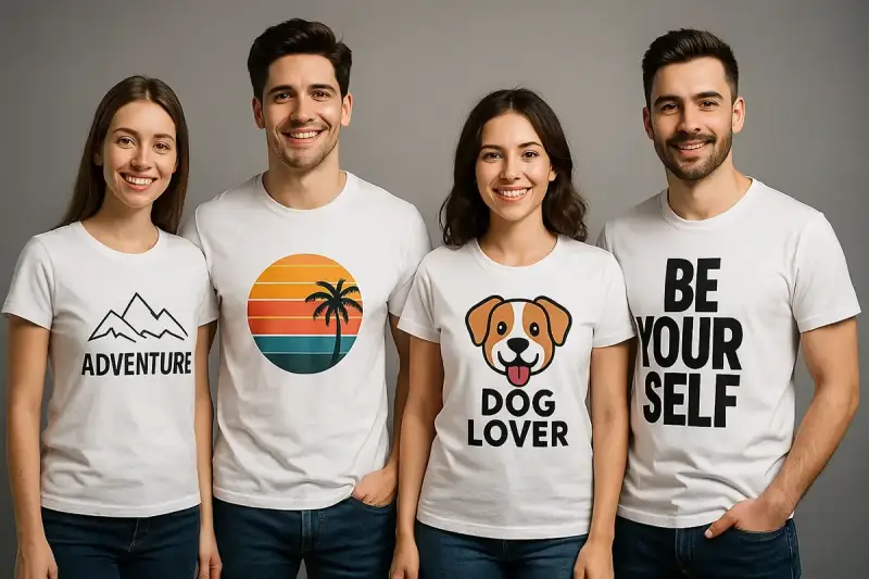 Cztery osoby w białych koszulkach z napisami: "ADVENTURE", zachód słońca z palmą, "DOG LOVER" i "BE YOUR SELF". Możesz taką koszulkę stworzyć!