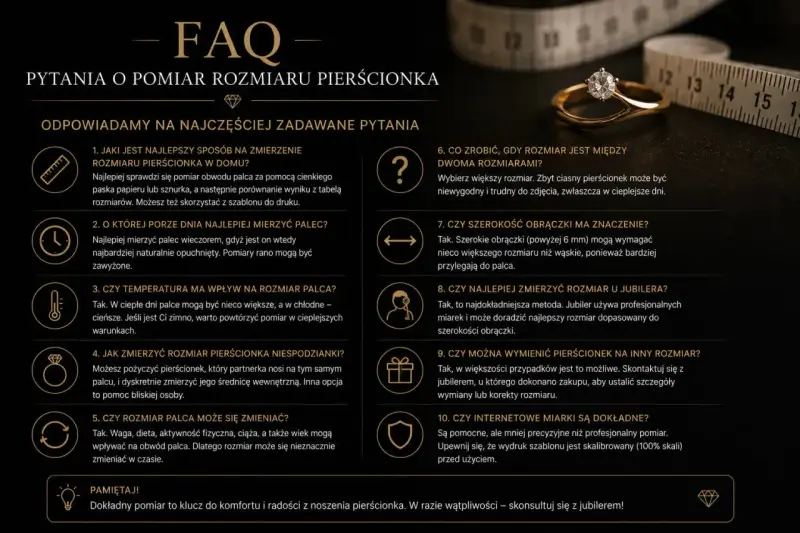 Złoty pierścionek z brylantem i miarką krawiecką. FAQ o najczęstszy rozmiar pierścionka.