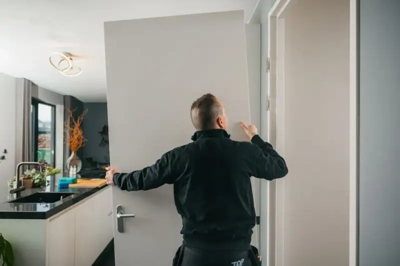 Pracownik montuje drzwi, tworząc wykucie otworu na drzwi w nowoczesnym wnętrzu.