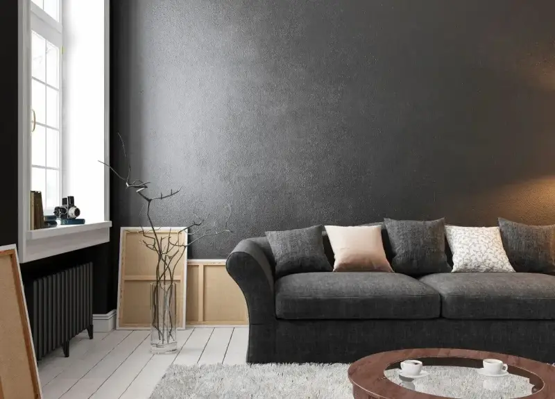 Nowoczesny salon z wygodną kanapą i **czarnymi ścianami**, które nadają mu elegancji. W tle widać okno i dzieła sztuki.