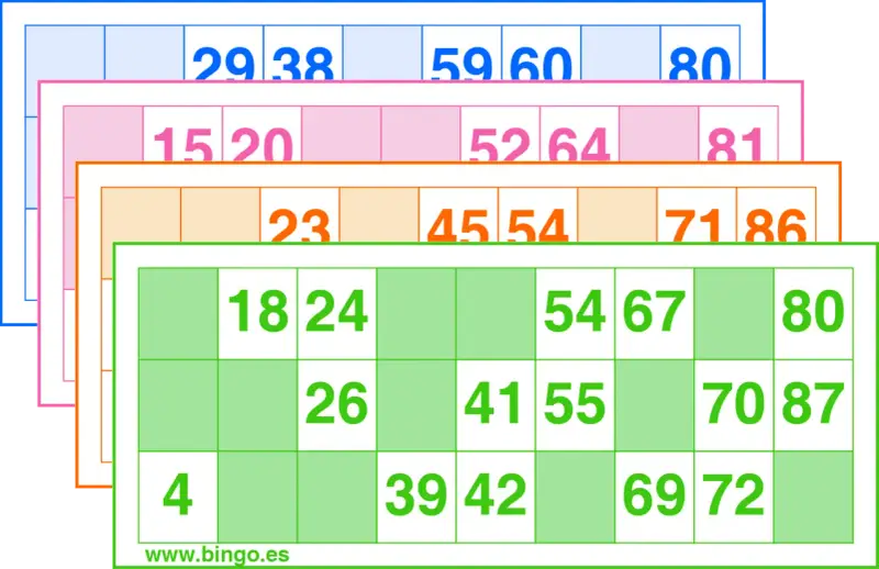 Variados cartones de bingo para imprimir con números en diferentes colores. ¡Listos para la diversión!