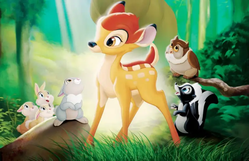 Bambi, urocza bajka z leśnymi przyjaciółmi: sarenką, zajączkami, sową i skunksikiem.