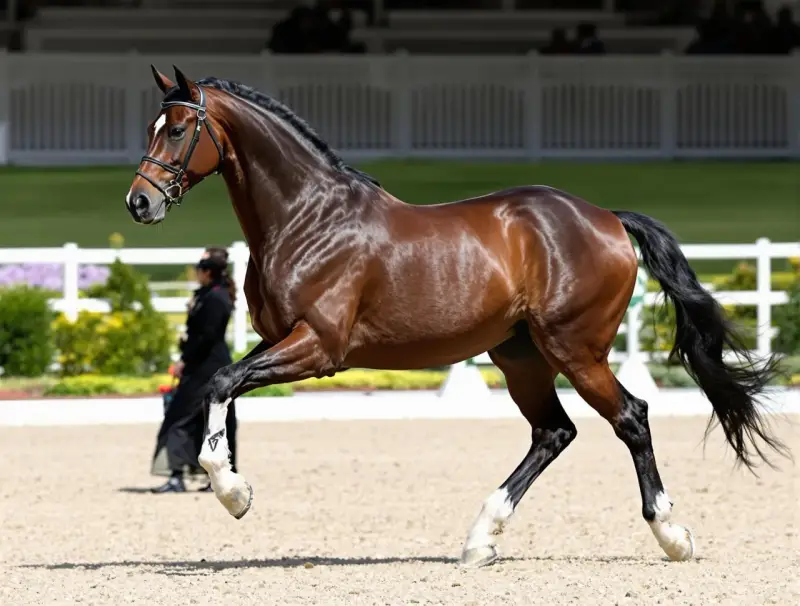 Un magnifique cheval bai, aux crins noirs, effectue un mouvement gracieux sur le sable. Un cheval AES, prêt pour la compétition.