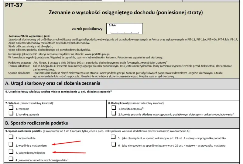 Formularz PIT-37, sekcja B. Sposób rozliczenia podatku. Możliwość rozliczenia indywidualnie, wspólnie z małżonkiem, jako wdowa/wdowiec lub osoba samotnie wychowująca dzieci. Podatek od sprzedaży.
