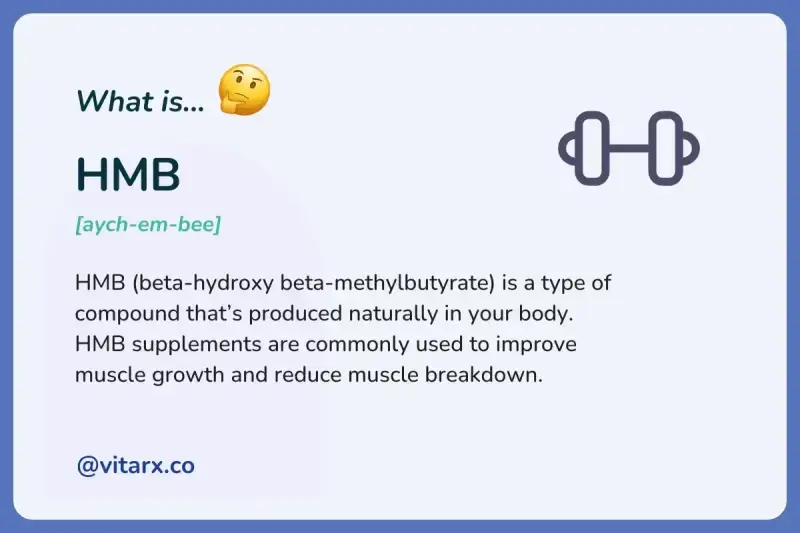 HMB co to? To beta-hydroksy beta-metylomaślan, związek naturalnie produkowany w ciele, wspierający wzrost mięśni. Ikona hantli symbolizuje jego zastosowanie.