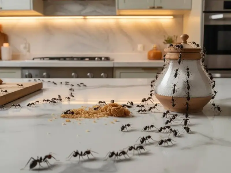 Un ejército de hormigas diminutas invade una cocina, rodeando un azucarero y un montón de azúcar moreno.