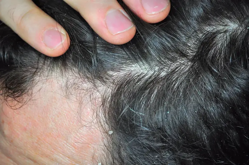Dedos separando cabello oscuro con caspa blanca. ¿Cómo aliviar el picor de cabeza por estrés?