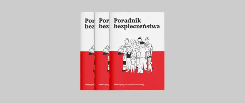 Poradnik bezpieczeństwa z rysunkami ludzi i psa. Uczy, jak udzielić pierwszej pomocy, w tym resuscytacji.