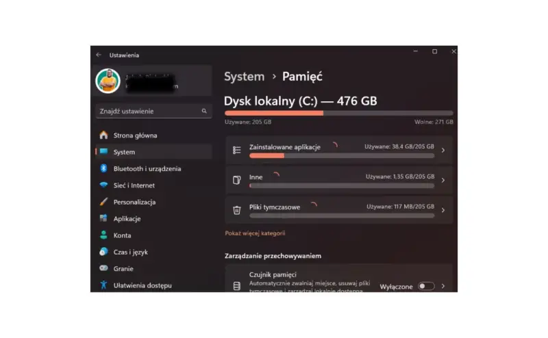 Ustawienia Windows 10: zarządzanie pamięcią dysku lokalnego C:, przegląd zajętego miejsca przez aplikacje i pliki tymczasowe.