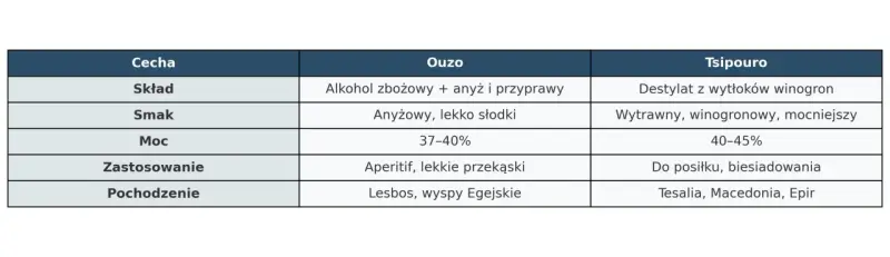 Tabela porównuje Ouzo i Tsipouro: tsipouro to mocniejszy destylat z wytłoków winogron, idealny do posiłków.