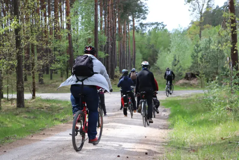 Grupa rowerzystów w lesie. Słońce przebija się przez drzewa, a ścieżka jest piaszczysta. To świetny sposób na spalenie puste kalorie i cieszenie się naturą.