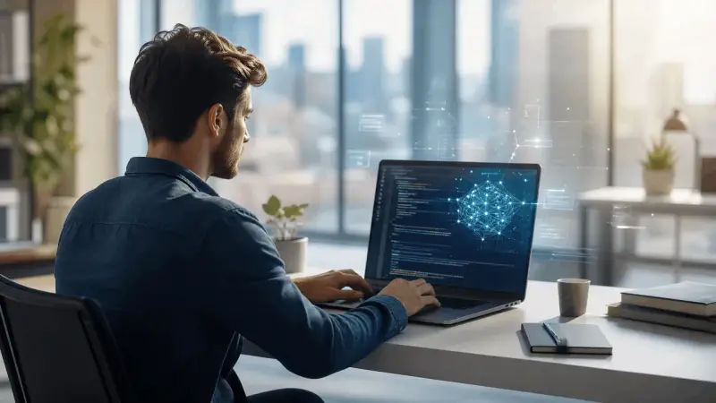 Mężczyzna pracuje przy laptopie, na ekranie kod i wizualizacja sieci neuronowej. To inspiracja, jak zostać programistą i tworzyć przyszłość.