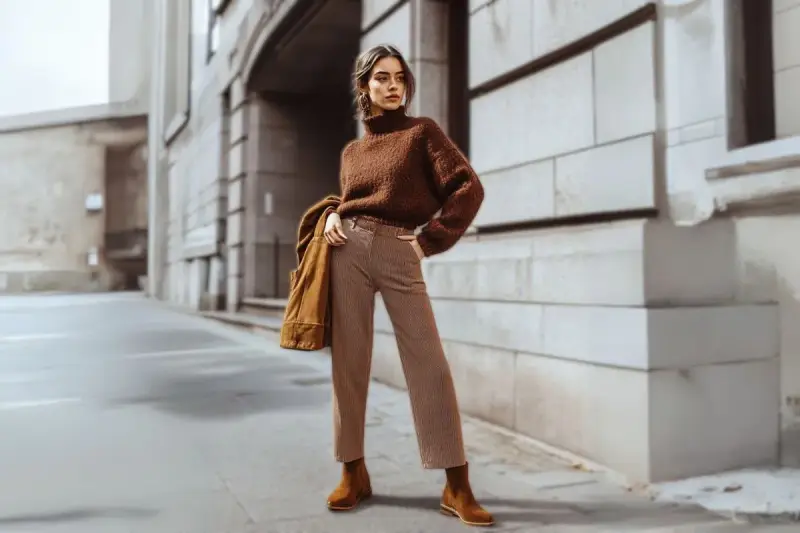 Mujer con suéter marrón y pantalones a rayas, luciendo un impecable estilo monocromático en la calle.