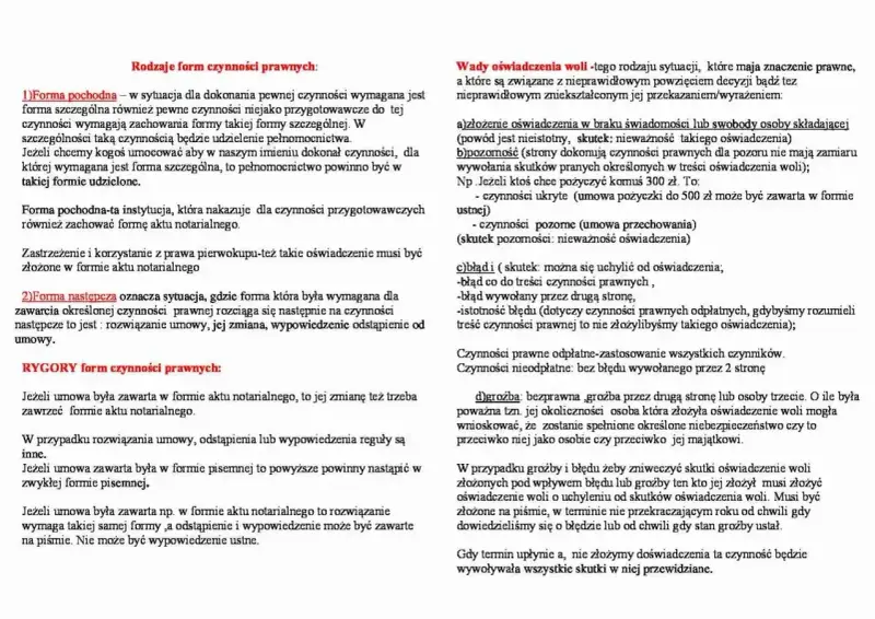 Dokument omawia formy czynności prawnych, w tym formę pochodną i następczą, oraz wady oświadczenia woli. Zawiera informacje o repertorium prawnym.