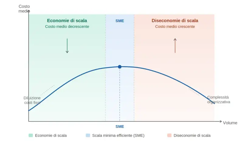 Grafico mostra costo medio decrescente (economie di scala) e poi crescente (diseconomie di scala) con l'aumentare del volume, evidenziando la scala minima efficiente (SME).