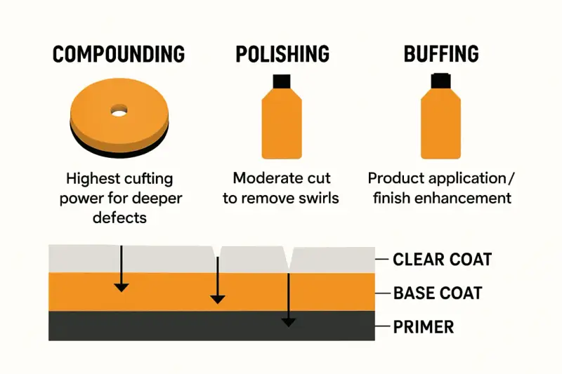 Car detailing steps: compound first for deep defects, then polish to remove swirls, and finally buff for finish enhancement.