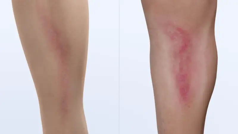 Vergleich zweier Beine: Links ein unauffälliger Bereich, rechts eine gerötete, geschwollene Stelle, die auf Thrombophlebitis Symptome hinweisen könnte.