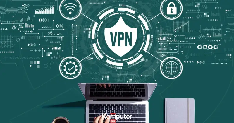 Grafika przedstawia laptopa z widokiem na klawiaturę, na tle schematów sieciowych i symboli VPN. To jak cyfrowy świat, gdzie hamachi zapewnia bezpieczne połączenie.