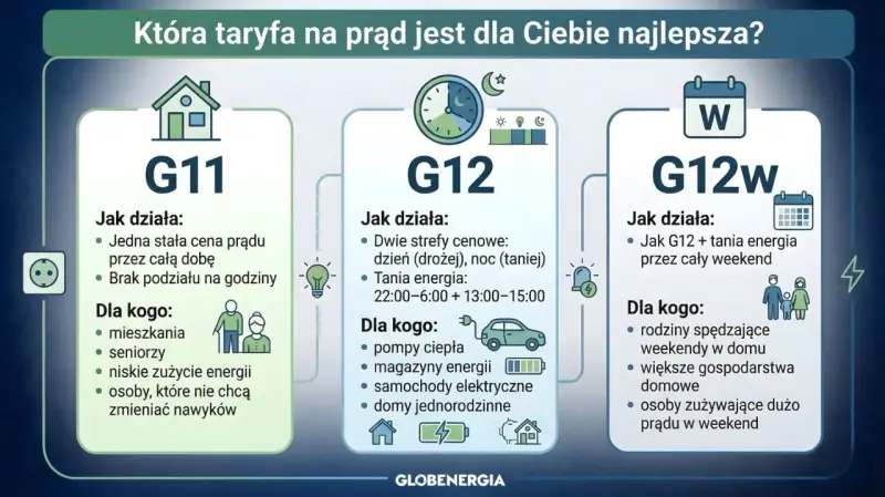 Porównanie taryf prądu: G11, G12 i G12w. Taryfa G12w Tauron oferuje tani prąd przez cały weekend, idealna dla rodzin i domów z dużym zużyciem energii w te dni.