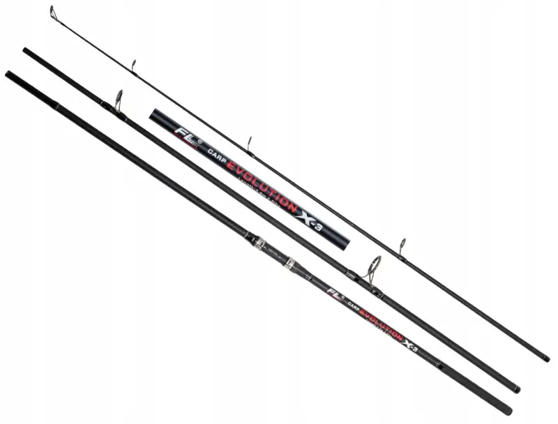 Trzy wędki karpiowe FL Carp Evolution X-3, każda o długości 3.9m i mocy 3.5lbs, gotowe na wielkie połowy.