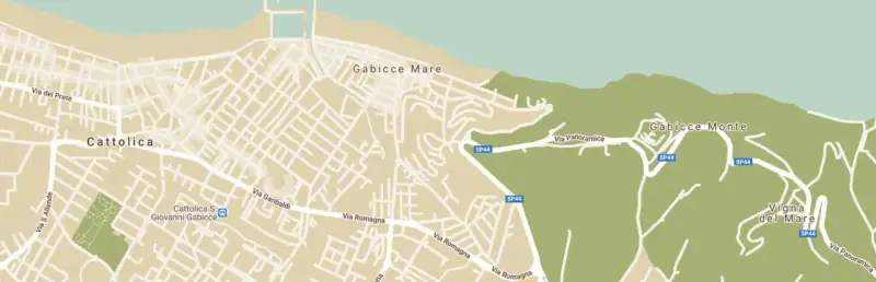 Cartina di Gabicce Mare e Cattolica, con strade, verde e il mare. Si vedono Gabicce Monte e Vigna del Mare.