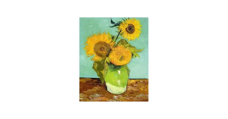 Vincent van Goghs solrosor i en grön vas. Tre solrosor med gula kronblad och bruna mittar mot en turkos bakgrund.
