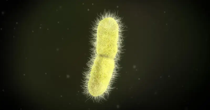 Żółta bakteria z licznymi rzęskami, przypominająca kształtem pałeczkę, to Klebsiella pneumoniae.