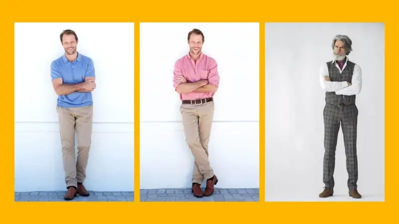 Trzech mężczyzn prezentuje różne style ubierania się: casualowy polo, elegancki z koszulą i garnitur w kratę.