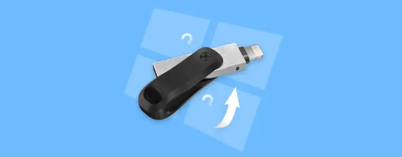 Pendrive z wtyczką Lightning i pytajnikami. Dowiedz się, jak sformatować dysk, aby odzyskać miejsce.