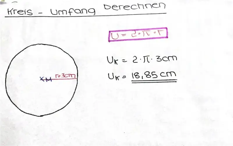 Kreisumfang berechnen: Formel U=2πr, Radius 3cm, Ergebnis 18,85cm.