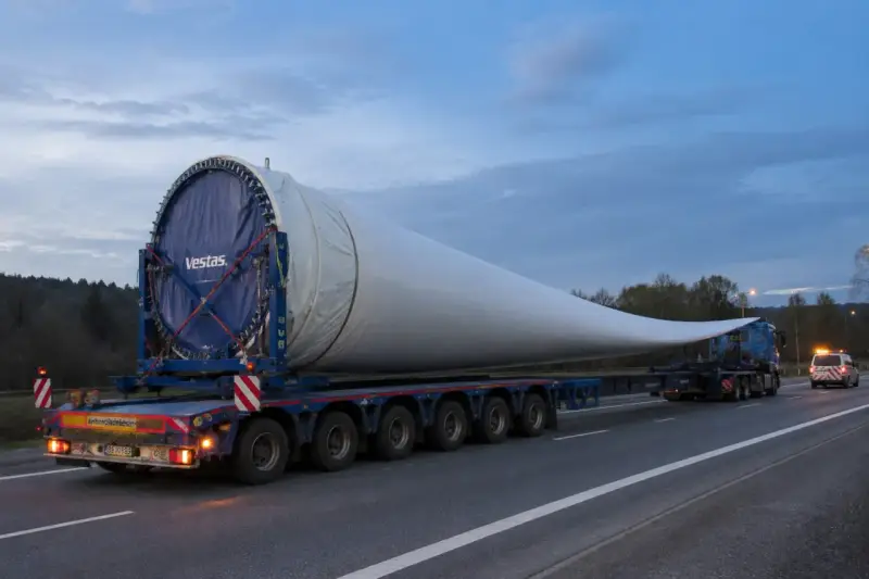 Ogromne łopaty wiatraka Vestas na specjalistycznej platformie. To skomplikowane zlecenie transportowe na drodze o zmierzchu.