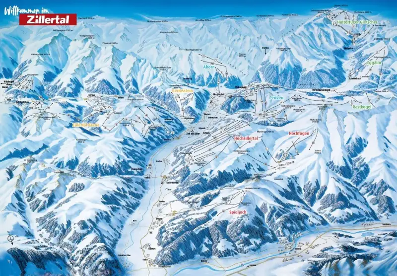 Mapa narciarska Zillertal z zaznaczonymi trasami, wyciągami i szczytami.