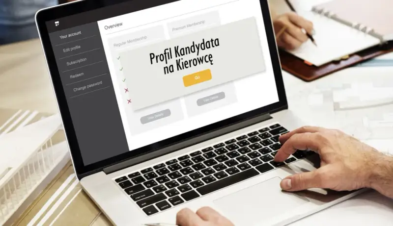 Profil Kandydata na Kierowcę na ekranie laptopa. Użytkownik wpisuje dane, być może numer PKK.