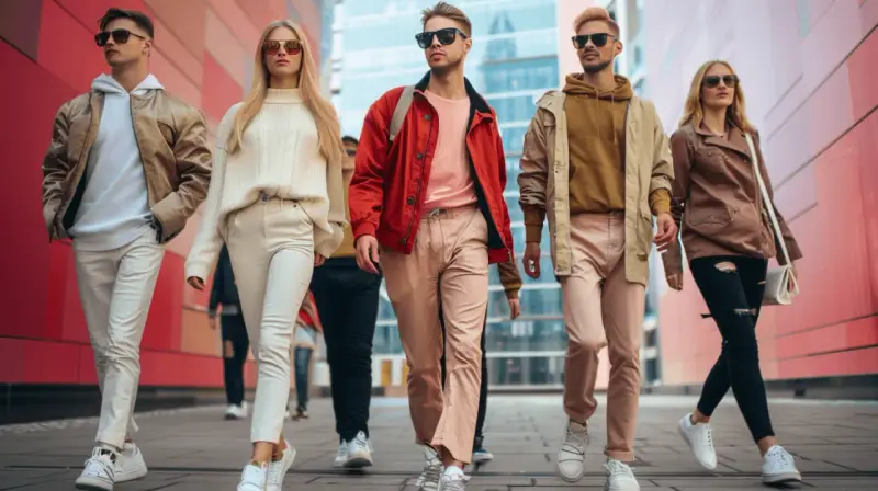 Grupa młodych ludzi w modnych stylizacjach, każdy prezentuje swój unikalny outfit.