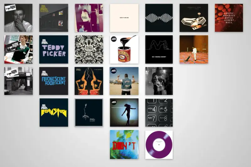 Collection de pochettes d'albums des Arctic Monkeys, incluant "Whatever People Say I Am, That's What I'm Not" et "AM".