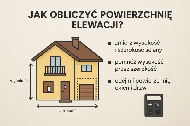 Obliczanie powierzchni elewacji: zmierz wysokość i szerokość, pomnóż, odejmij okna/drzwi. Pomocne przy ustalaniu elewacja cena za m2 robocizna.