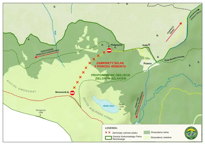 Mapa Karkonoszy z zaznaczonymi szlakami. Zamknięty odcinek szlaku z powodu remontu, proponowane obejście zielonym szlakiem.