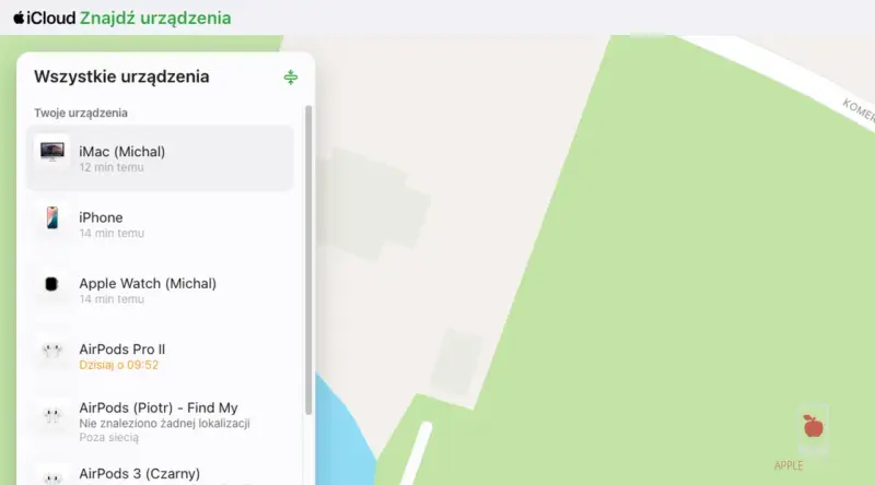 Interfejs iCloud "Znajdź urządzenia" pokazuje listę urządzeń, w tym iPhone'a. Można tu zarządzać sprzętem, nawet jeśli nie masz go przy sobie, co jest pomocne, gdy zastanawiasz się, jak wyłączyć Find My iPhone bez telefonu.