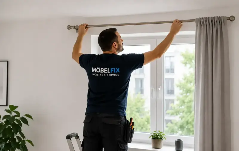 Mann montiert eine Gardinenstange über einem Fenster. Er steht auf einer Leiter und richtet die Stange aus, bevor er sie bohrt.