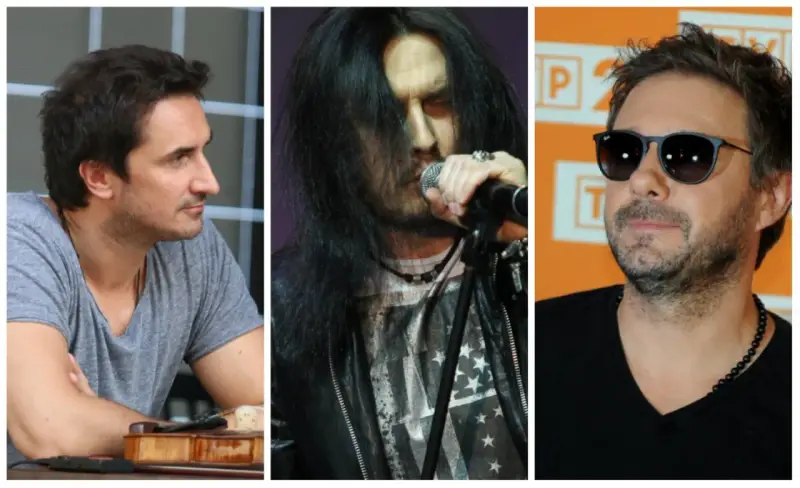 Trzech znanych polskich piosenkarzy: muzyk z gitarą, rockman z długimi włosami i wokalista w okularach.