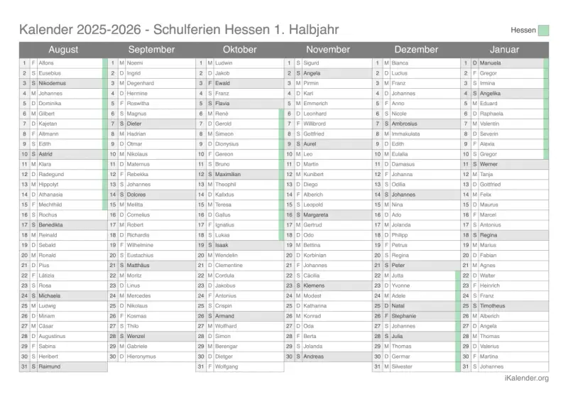 Kalender 2025-2026 Hessen mit Namen und Monaten.