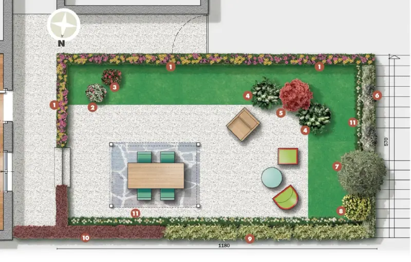 Un terrazzo sul tetto con prato, aiuole fiorite, mobili da esterno e un tavolo da pranzo.