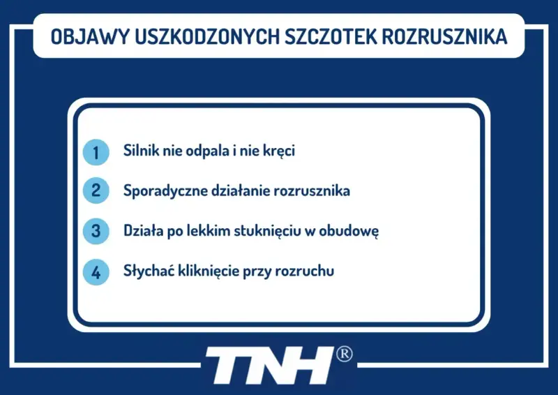 Objawy uszkodzonych szczotek rozrusznika: silnik nie odpala i nie kręci, sporadyczne działanie, działa po stuknięciu, słychać kliknięcie.
