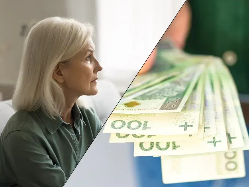 Zamyślona kobieta i stos banknotów 100 zł. Zastanawia się, ile wynosi renta wdowia.