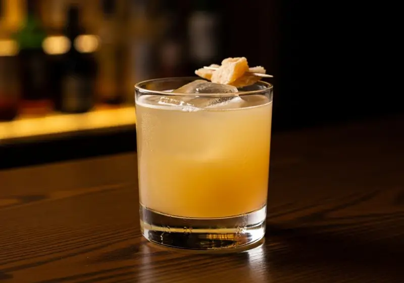 En gyllene penicillin drink med is och en garnering av ingefära på en träyta.