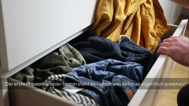 Offener Schubladeninhalt mit Kleidung. Ein Mann greift hinein, um sich für den Physiotherapie-Termin anzuziehen.