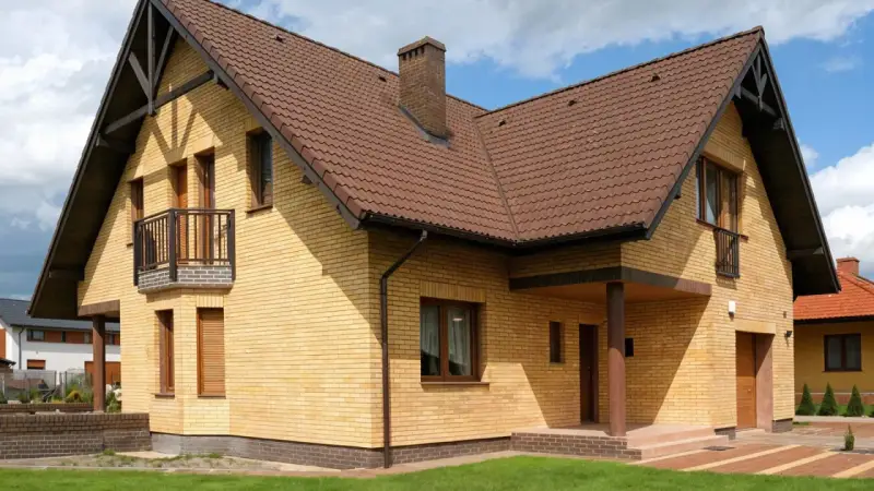 Nowy dom z żółtej cegły, z brązowym dachem i kominem. Widoczny cokół, balkon i wejście zadaszone.